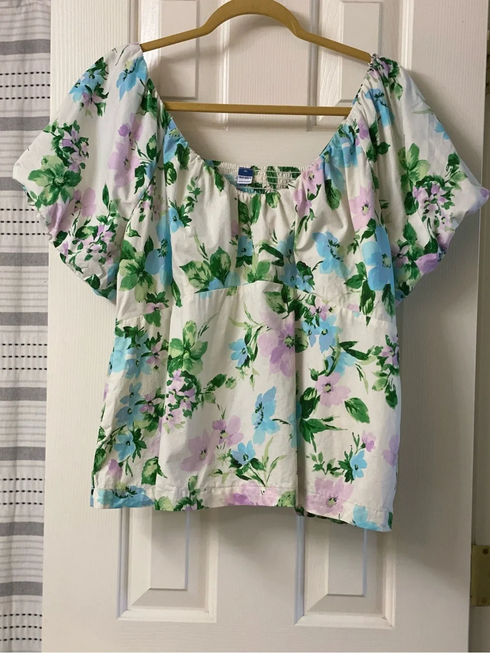 Old Navy Multicolored Cotton Floral Puff Sleeve Smocked Back V-Neck Top Size XL